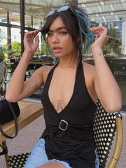 Sequined Halter Tie Back Sheer Top