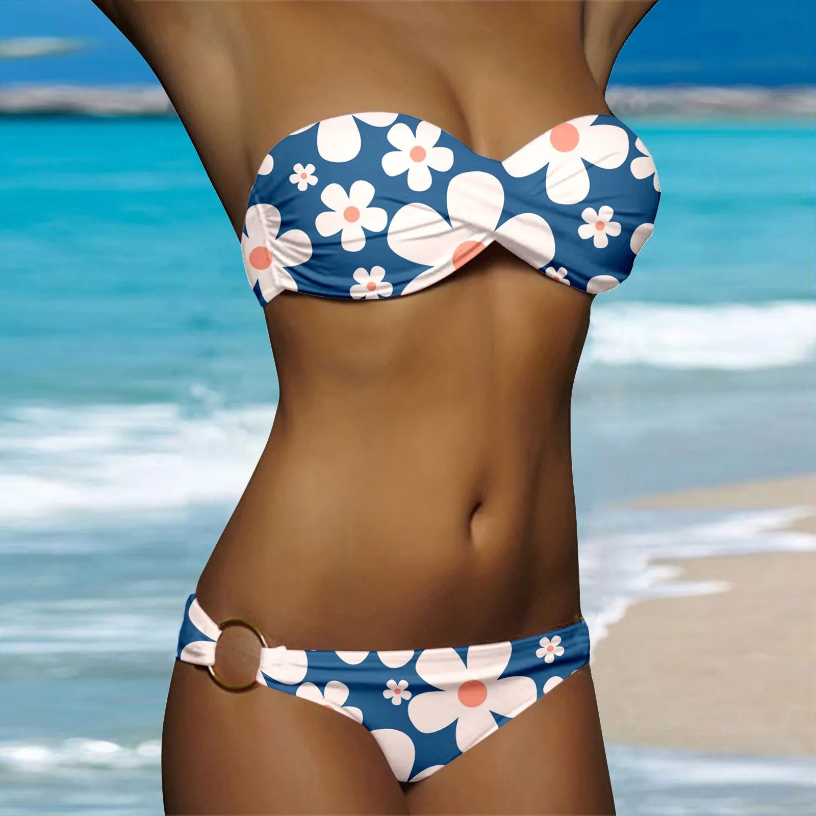 Ruched White Dot Print Two Piece Swim Sets Secondary image
