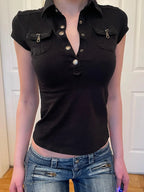 Safari Style Polo Slim Fit Summer Tee Crop Top