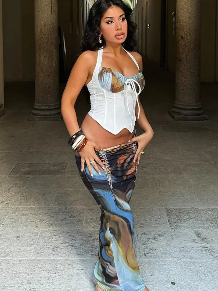 Lace-up Print Maxi Skirt Knit Set Secondary image