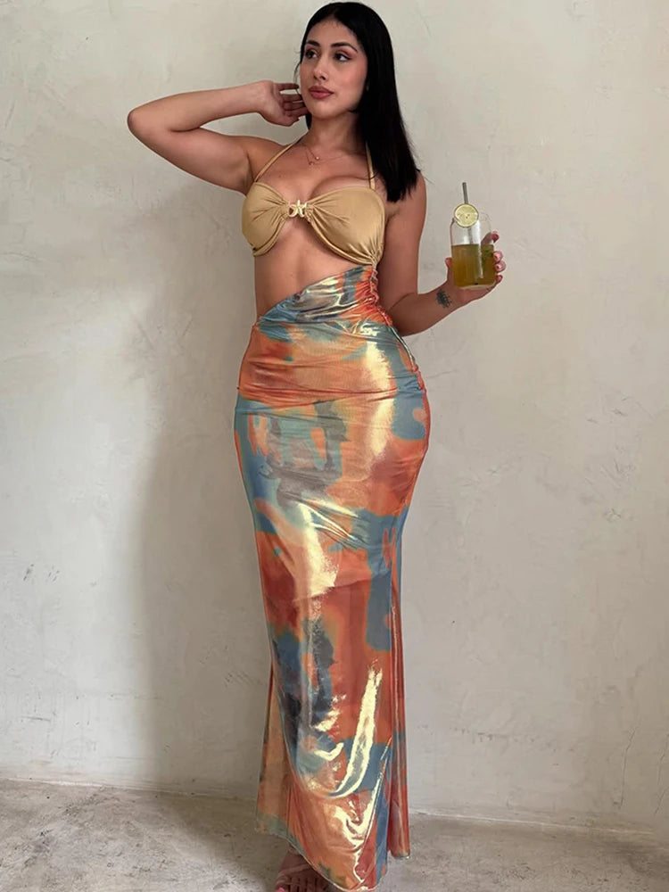 Colorful Patchwork Halter Floral Dress Main image