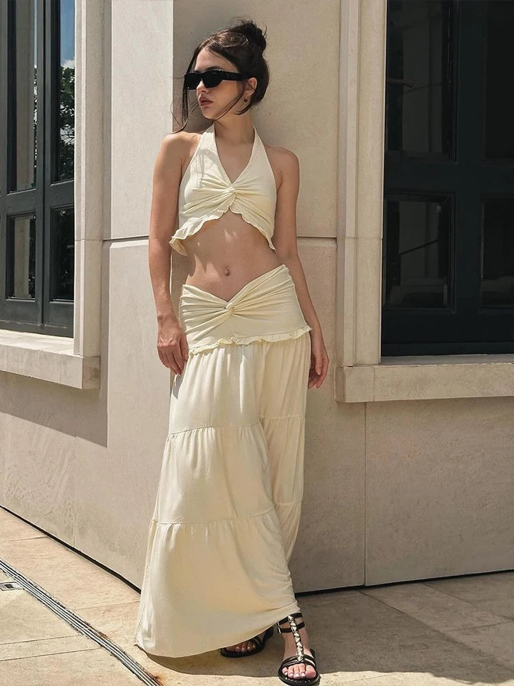 Ruched Halter Backless Ruffle Waist Two Piece Skirt Set Secondary image