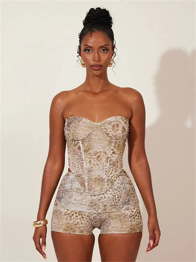 Animal Print Strapless Crop Tank Top Two Piece Shorts Set Main image
