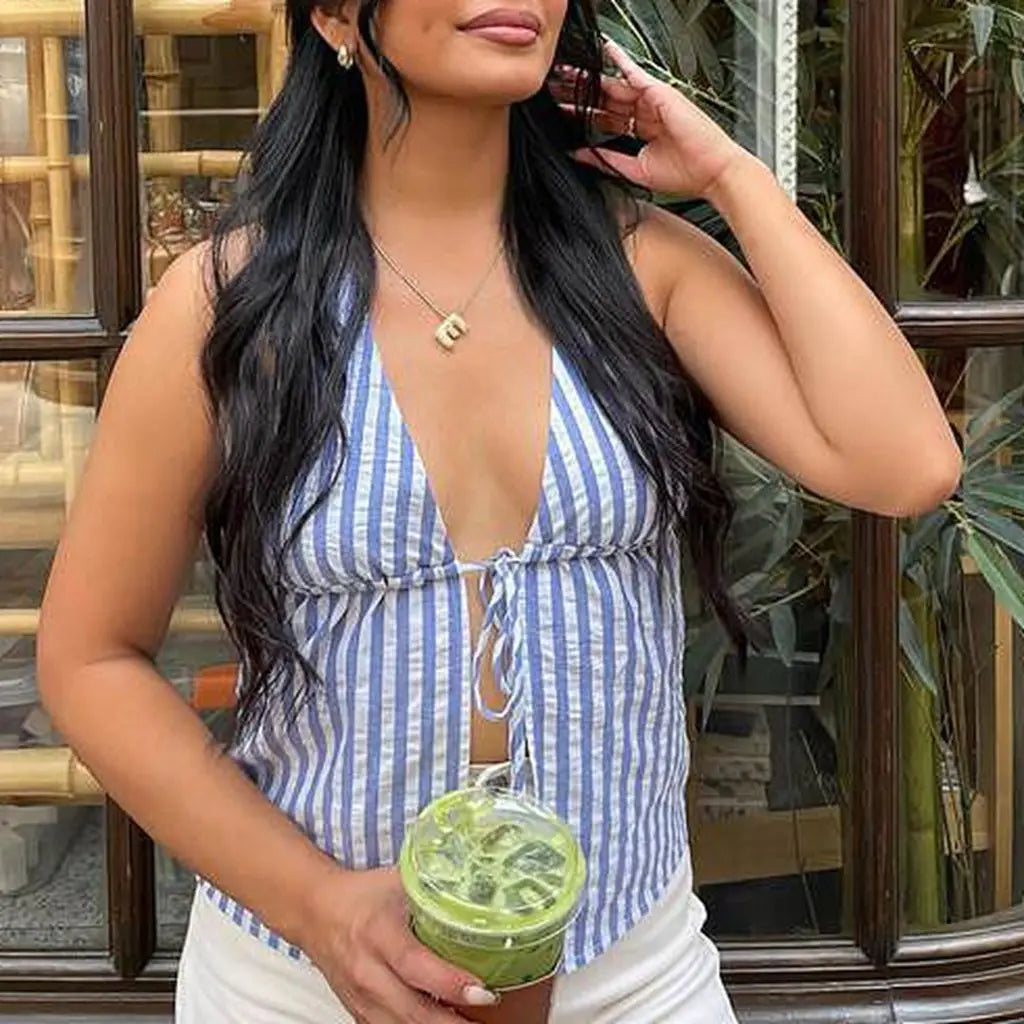 Y2K Striped Backless Tie-Up Front Halter Cami Top Main image