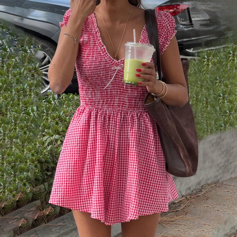Gingham V-neck Shirred Plaid Romper Main image