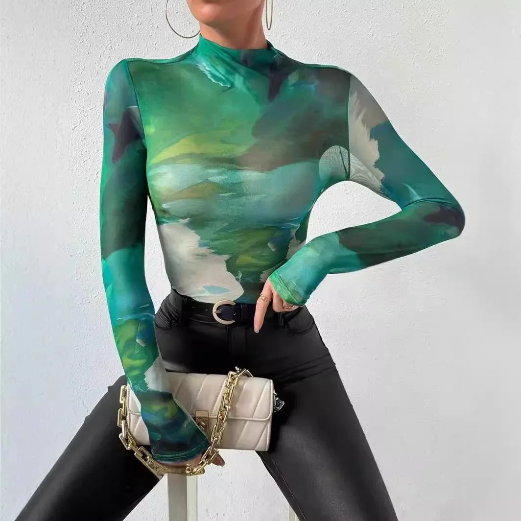 Gradient Patchwork Slim Fit Sheer Top Secondary image