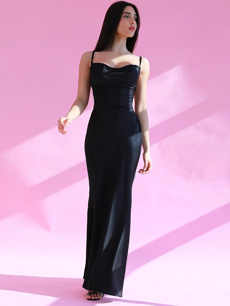 Satin Ruched Strap Maxi Elegant Silk Dress Main image