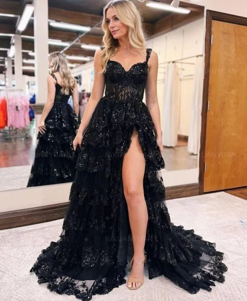 Tiered Sparkly Lace Prom Dress Main image