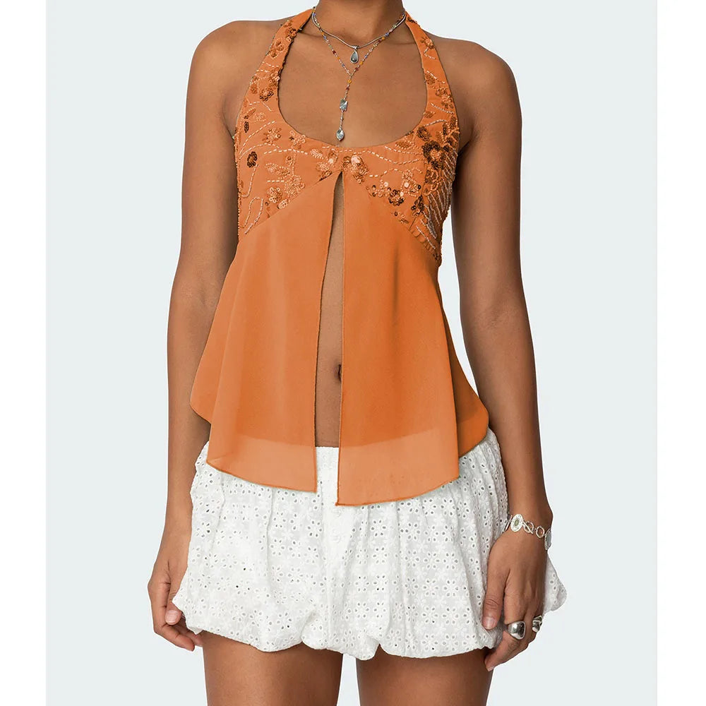 Pearl Embellished Sequins Halter Backless Cami Top Secondary image