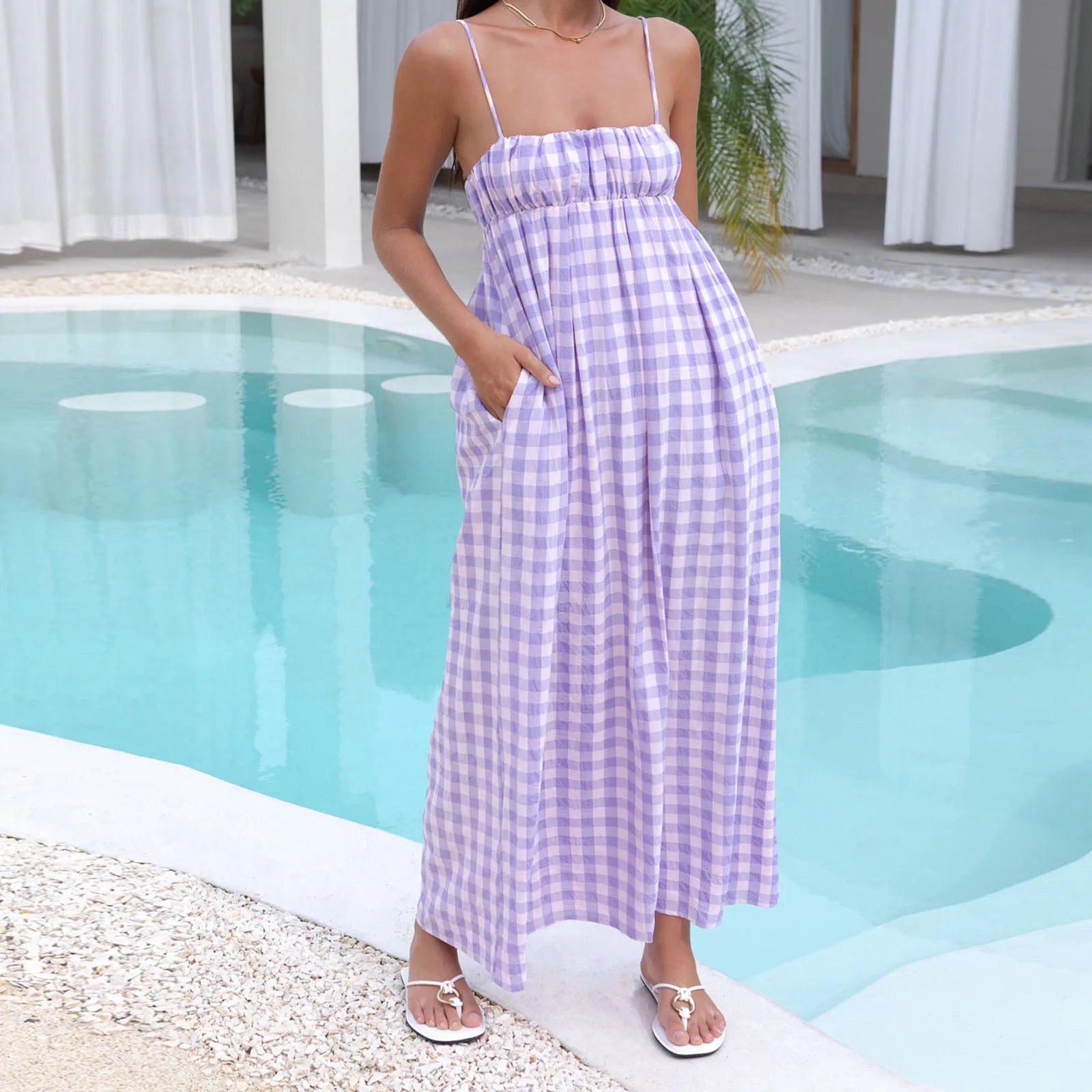 Backless Plaid Swing Slip Midi Dress Secondary image