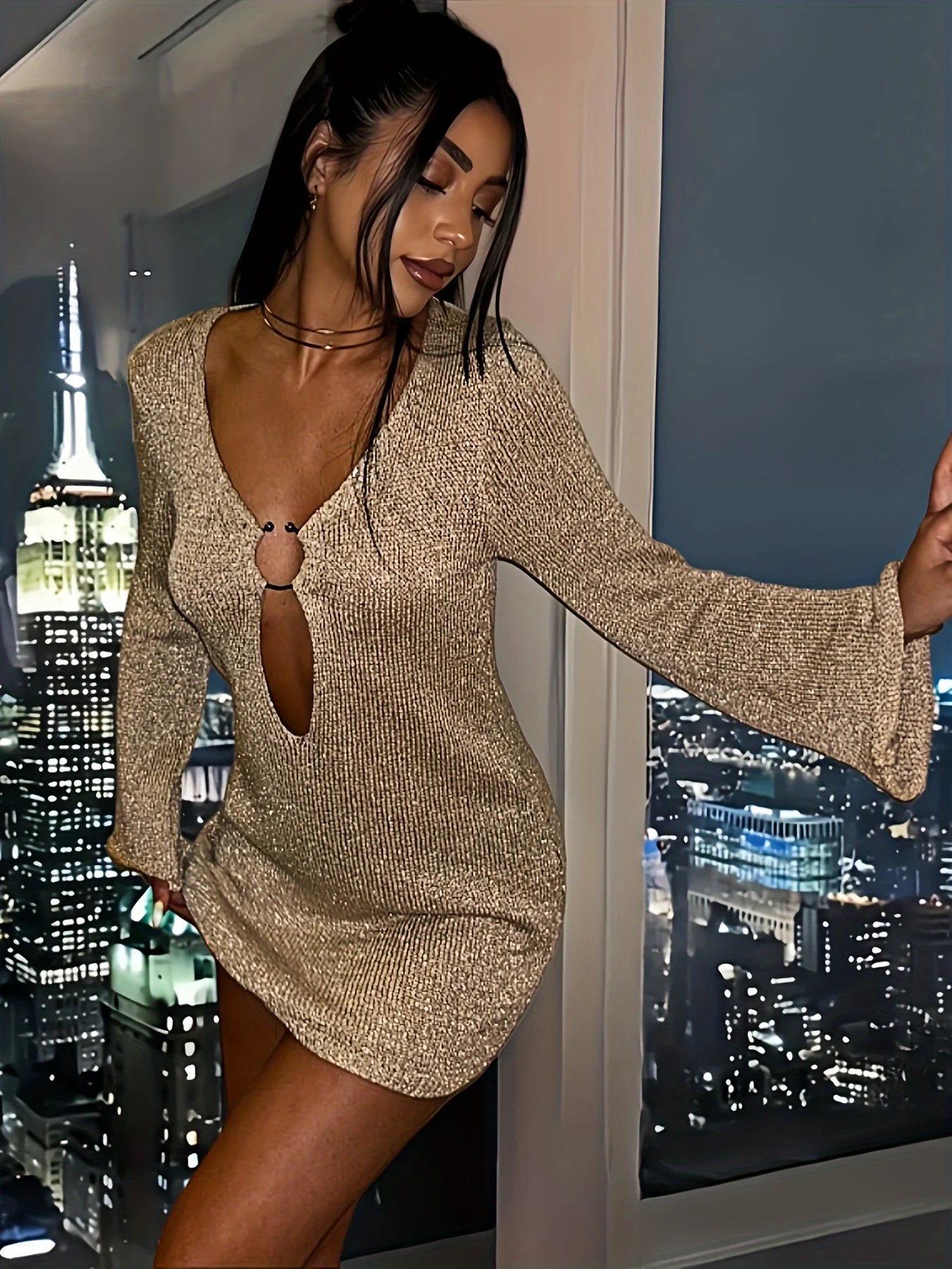 Knitted Flared Sleeve V Neck Mini Dress Secondary image