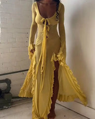 Ruffled Slit V-neck Maxi Dress