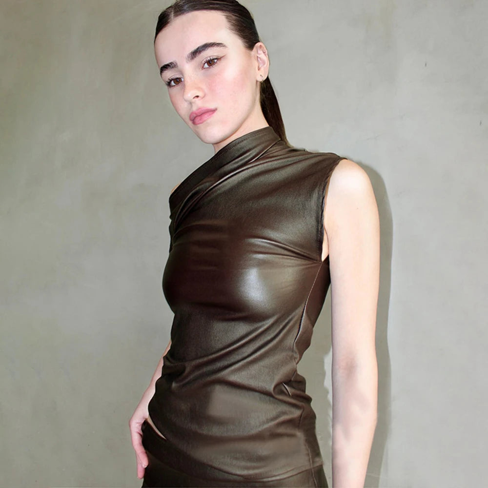 Leather Solid Waist Short Sleeve Crop Top