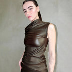 Leather Solid Waist Short Sleeve Crop Top
