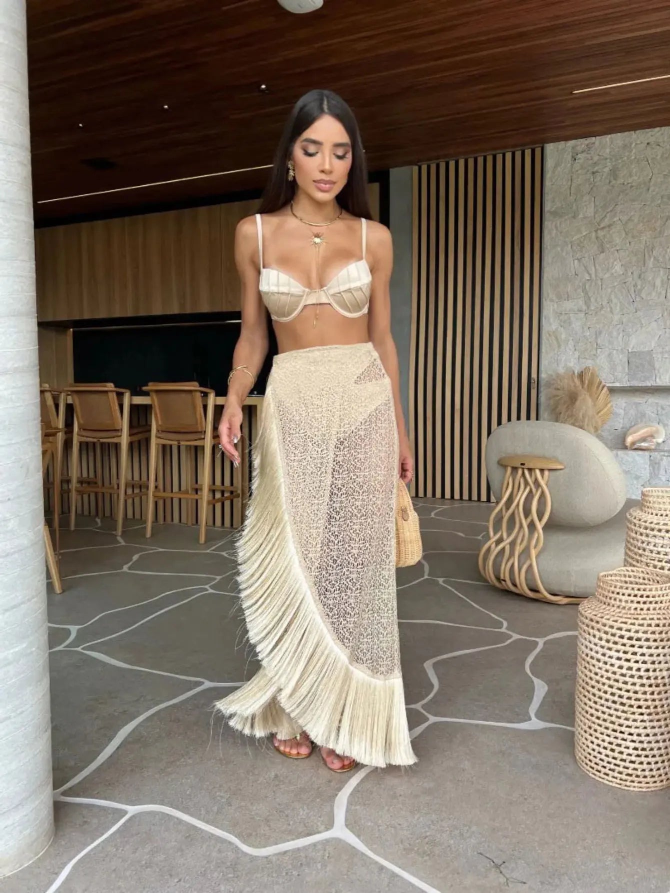Solid Padded Bra Tassel High Waist Skirt Three Piece Swim Sets Main image