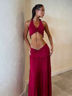 Ruched Halter Backless Ruffle Waist Two Piece Skirt Set