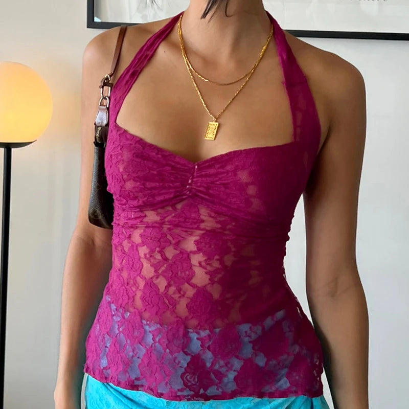 Floral Lace Mesh See-Through Backless Y2K Cami Top Main image