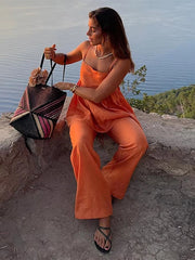 Orange Ruffles Pleated Two Piece Pants Set