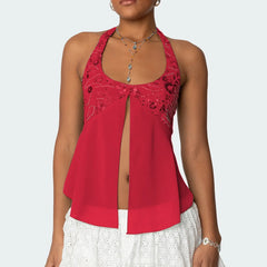 Sequin Chiffon Mesh Halter Backless Sheer Top