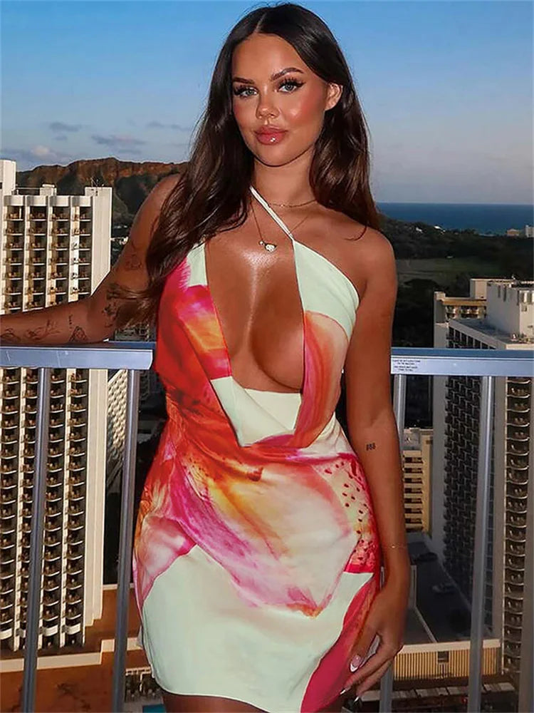 Printed One Shoulder V Neck Mini Dress Secondary image