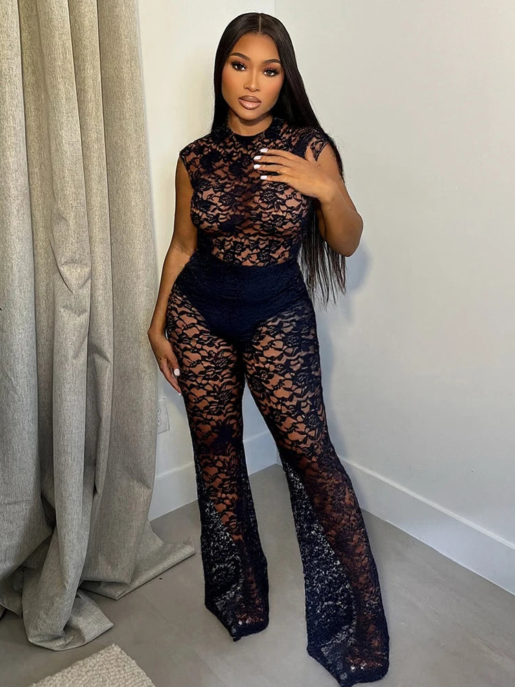 Mesh See Through Flared Two Piece Pants Set Main image