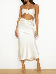 3D Flowers Ruched Satin Bandeau Two Piece Skirt Set