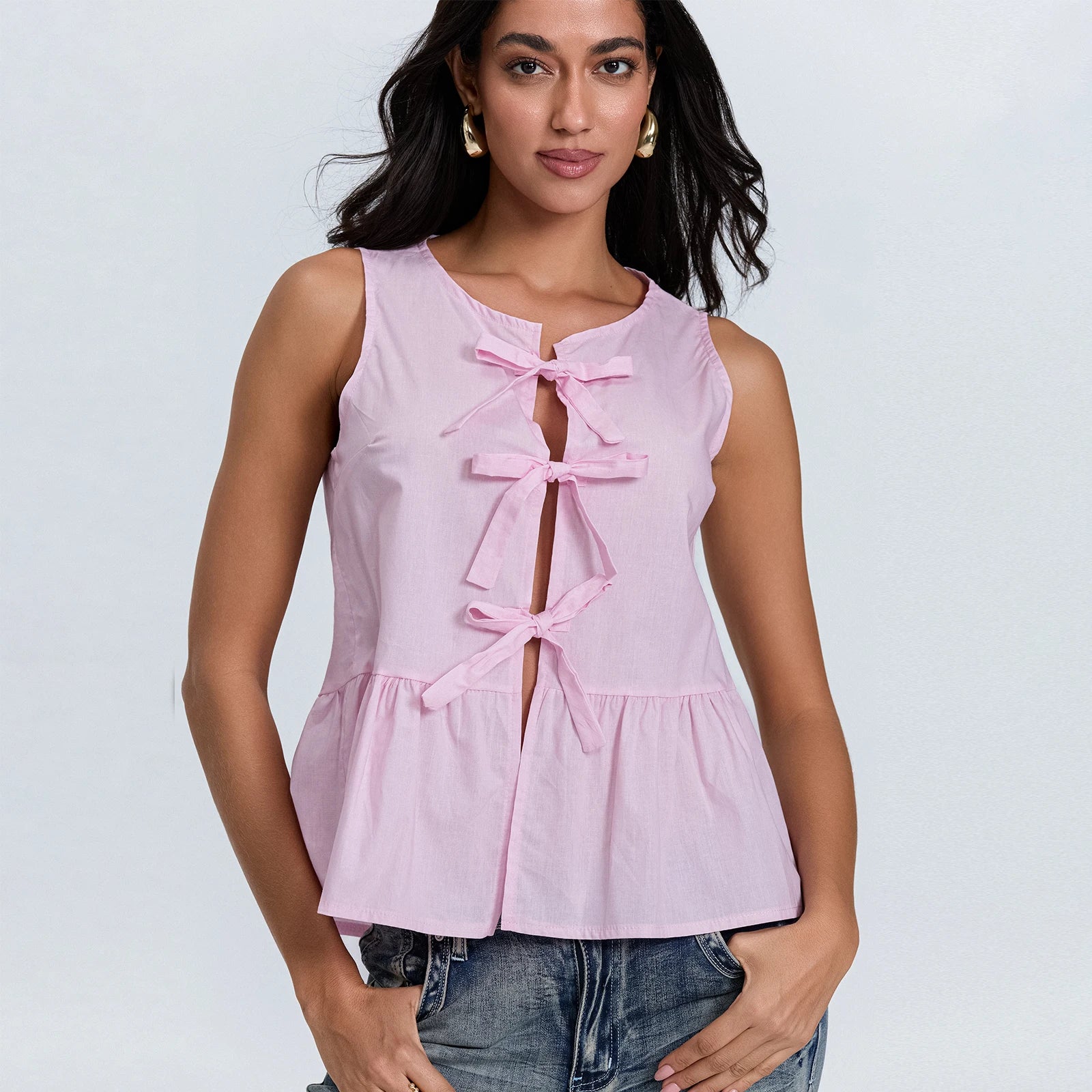 Solid Tie Front Round Neck Cami Top Main image