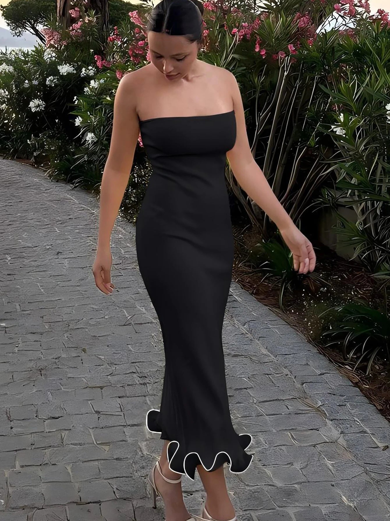 Sleeveless Ruffles Patchwork Bodycon Midi Dress