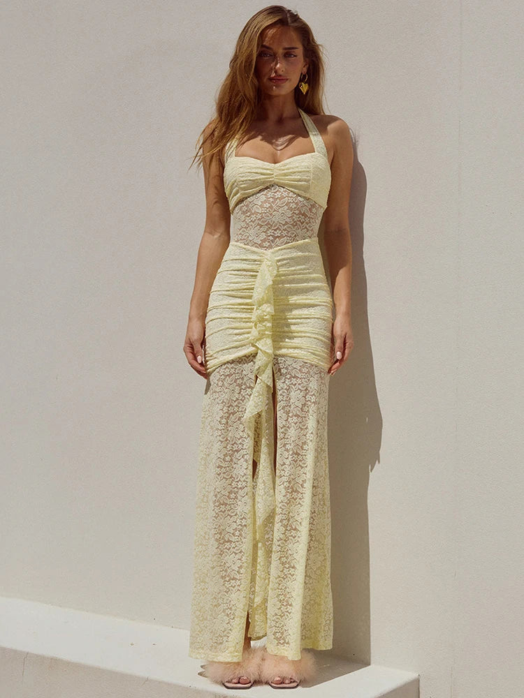 Lace Satin Halter Ruched Maxi Dress