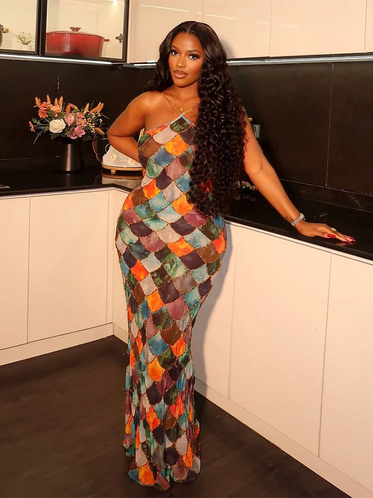 Plaid Halter Off Shoulder Maxi Dress Main image
