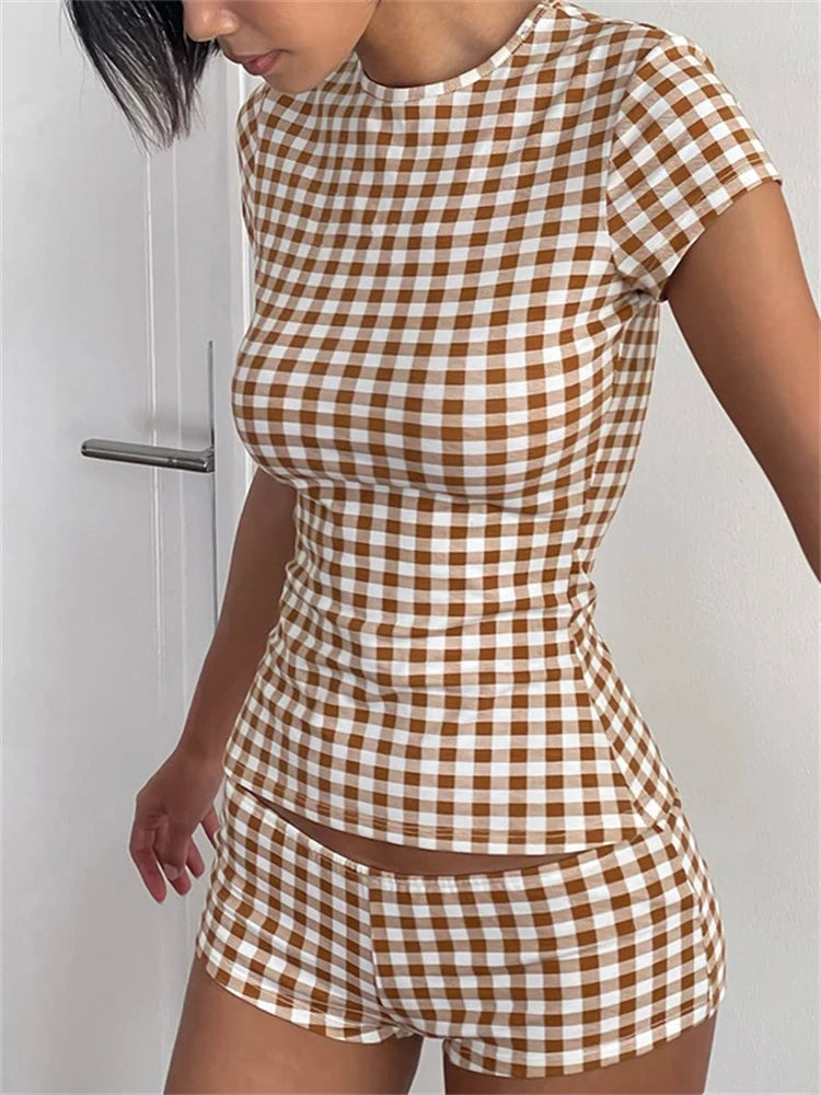 Plaid Print Crew Neck Short Sleeve T-Shirt Two Piece Shorts Set Main image