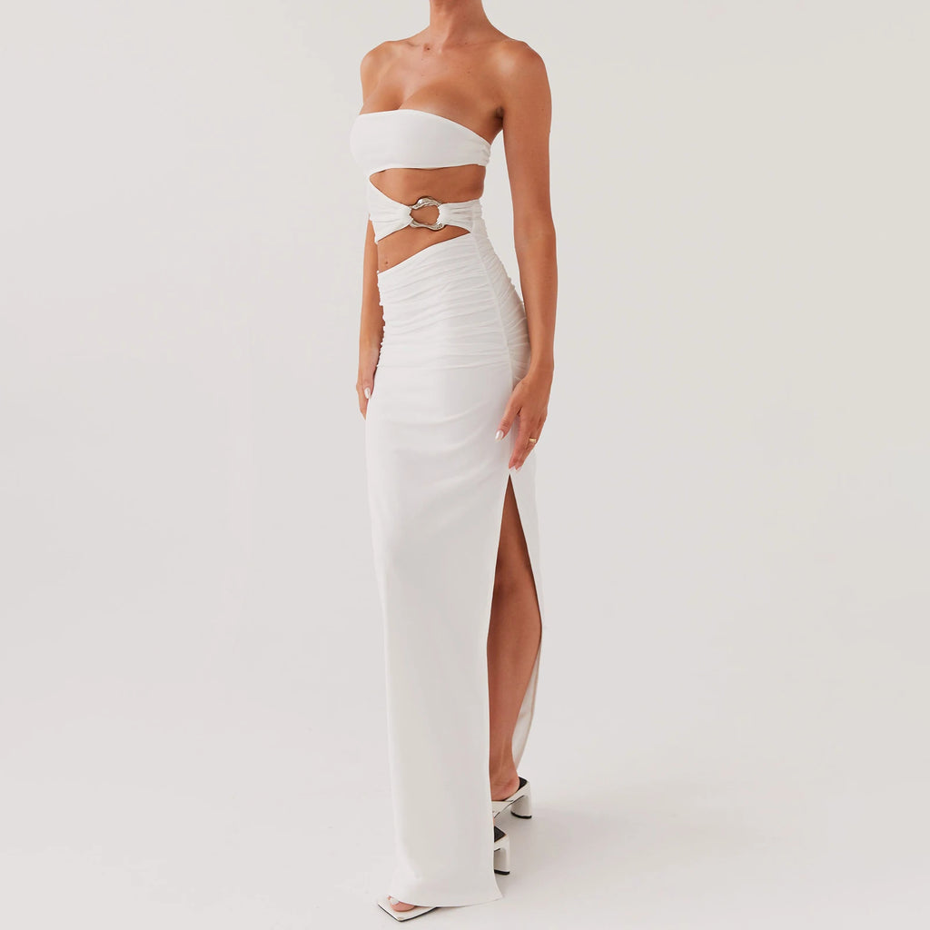 Hollow Strapless Metal Slit Midi Dress