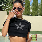 Rhinestones Stars Print Grunge Slim Crop Top