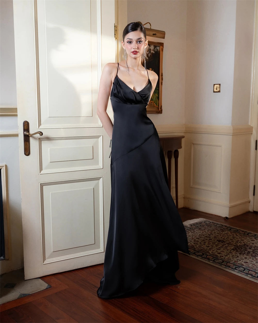 Black Satin V-neck Sleeveless Silk Dress Main image