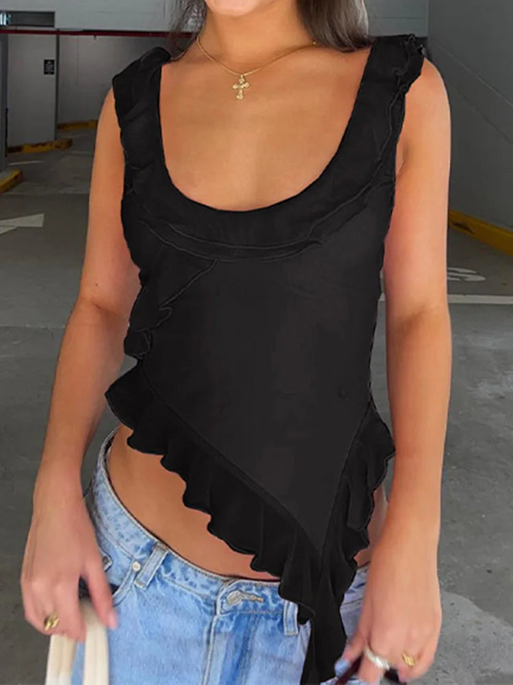 O-neck Ruffled Backless Irregular Cami Top