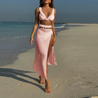 Transparent Mesh Solid Laced Up Skirt Three Piece Swim Sets