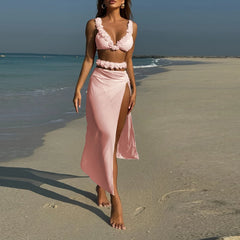 Transparent Mesh Solid Laced Up Skirt Three Piece Swim Sets