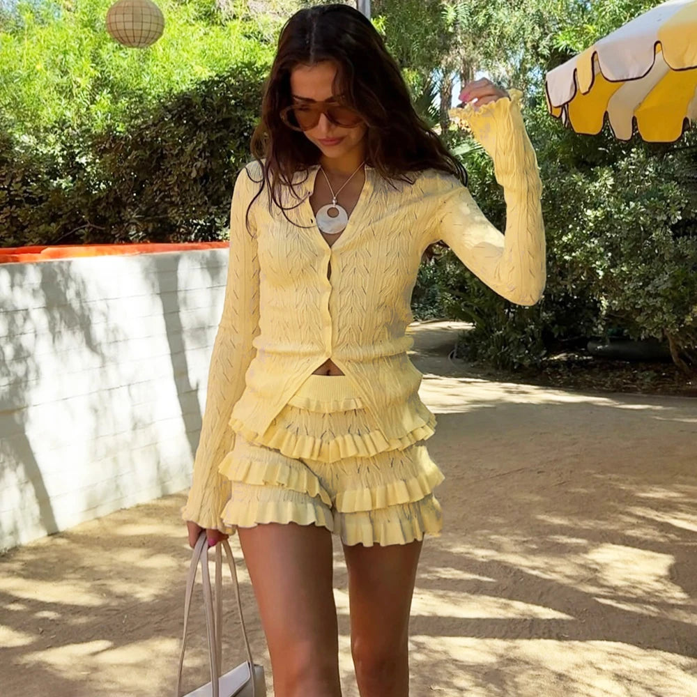 Knit Cardigan Ruffle Sleeve Top Solid Two Piece Shorts Set Main image