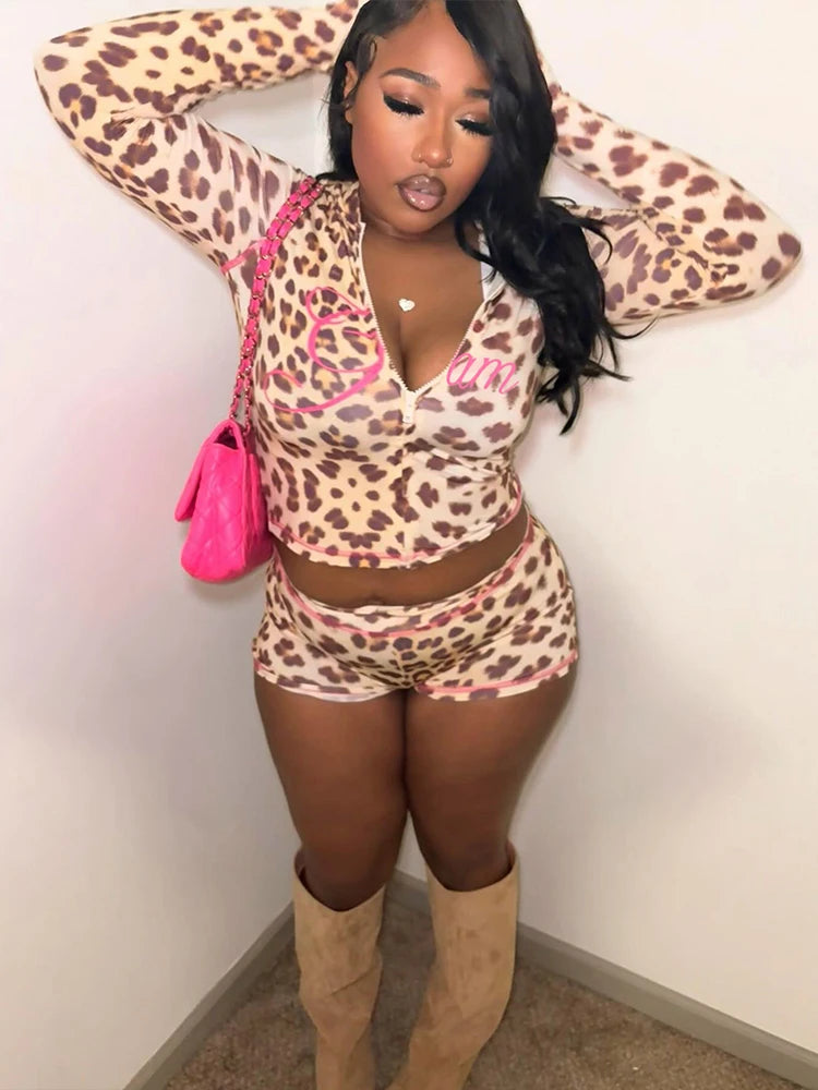 Leopard Zip Biker Shorts Knit Set Main image