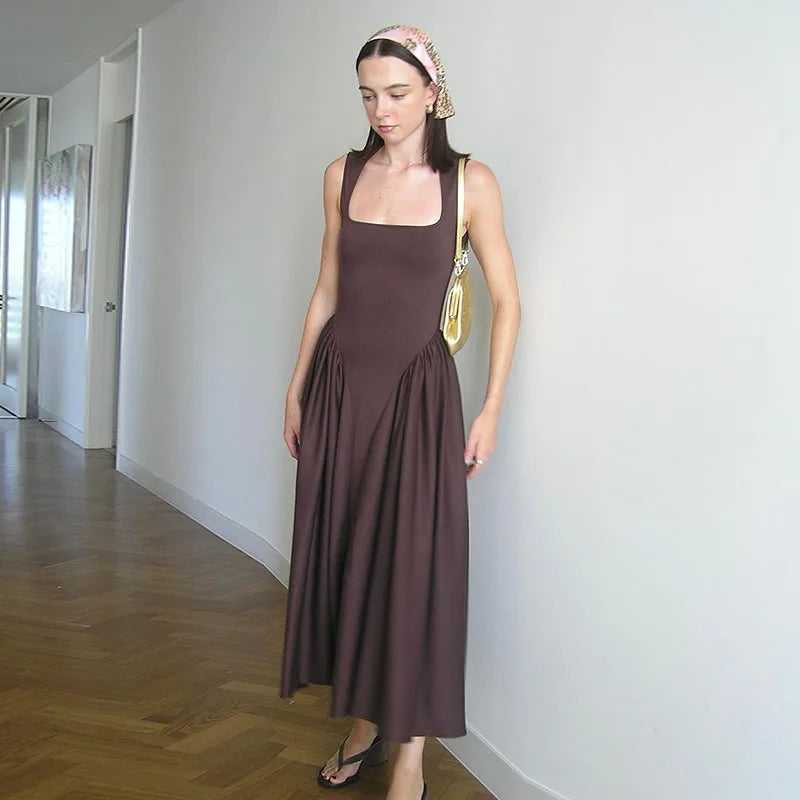 Solid Pleated Square Neck Midi Dress