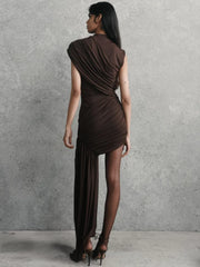 Draped Ruched Turtleneck Pleated Mini Dress
