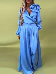 Satin Flower V-Neck Wide Leg Suit