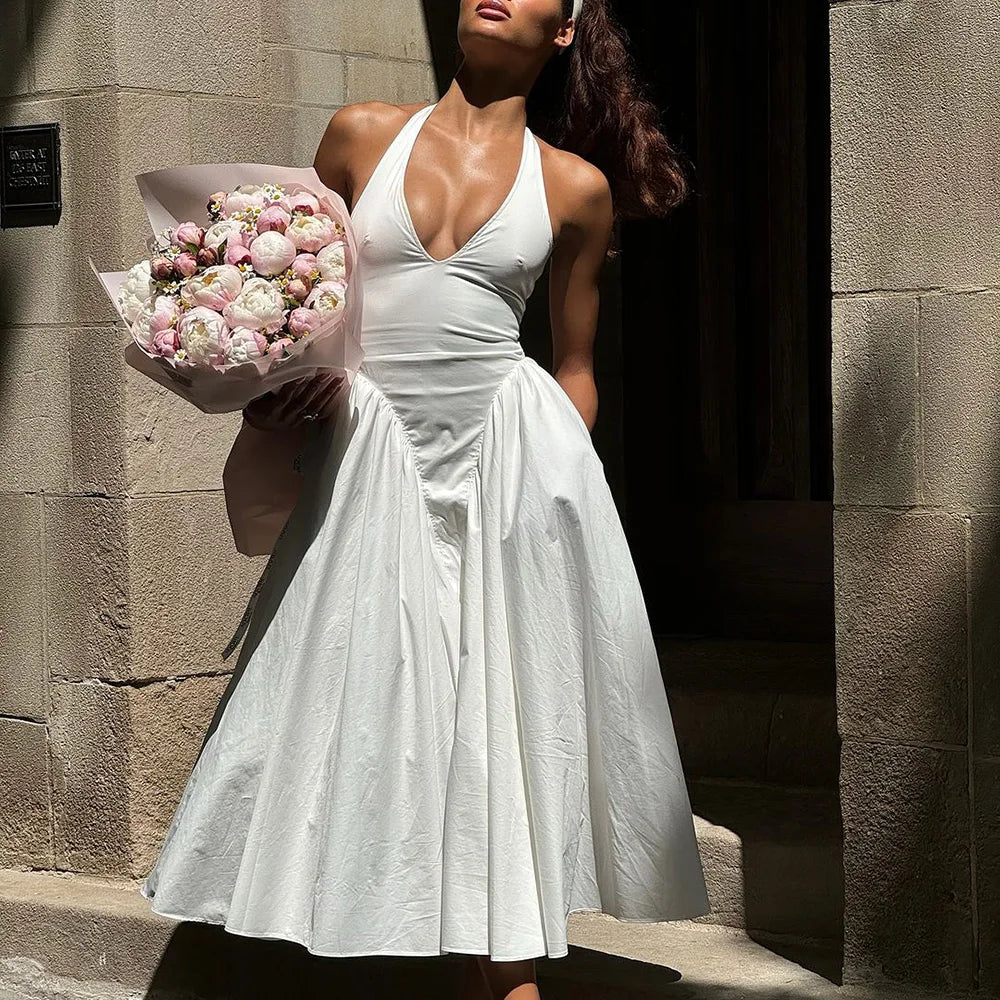 Backless Deep V Spliced Long Midi Dress