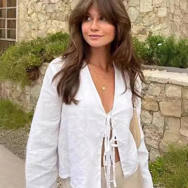 Loose Lace-up Bow V-neck Flare Sleeve Blouse Main image