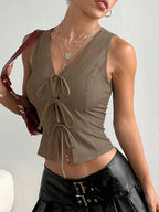 Solid Lace-up V-neck Blouse