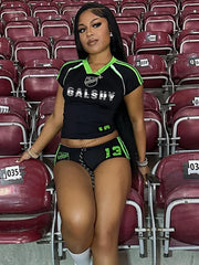 Letter Print Crop Shorts Knit Set