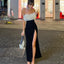 Strapless Fur Slit Bodycon Midi Dress