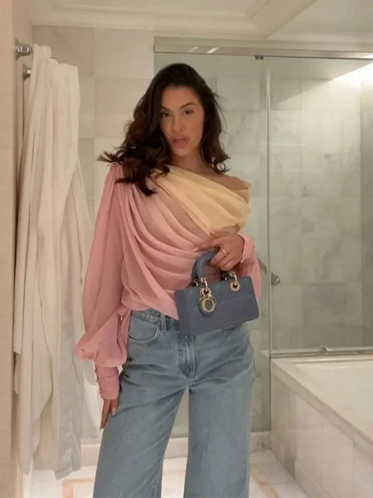 Pink Gradient Chiffon Pleated Blouse Secondary image