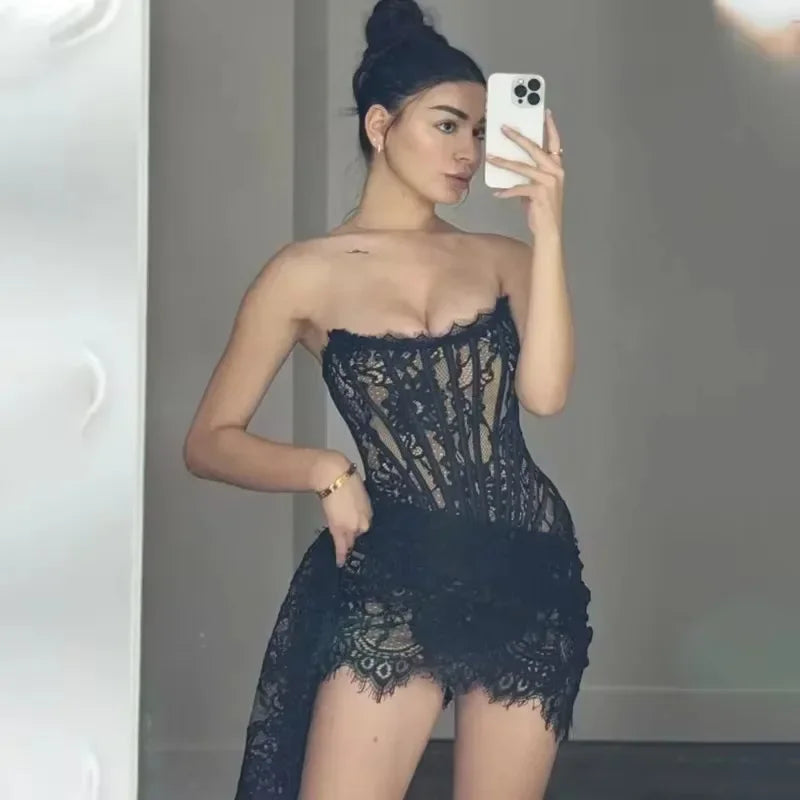 Sheer Patchwork Strapless Slim Lace Dress Secondary image
