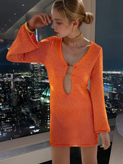 Knitted Flared Sleeve V Neck Mini Dress